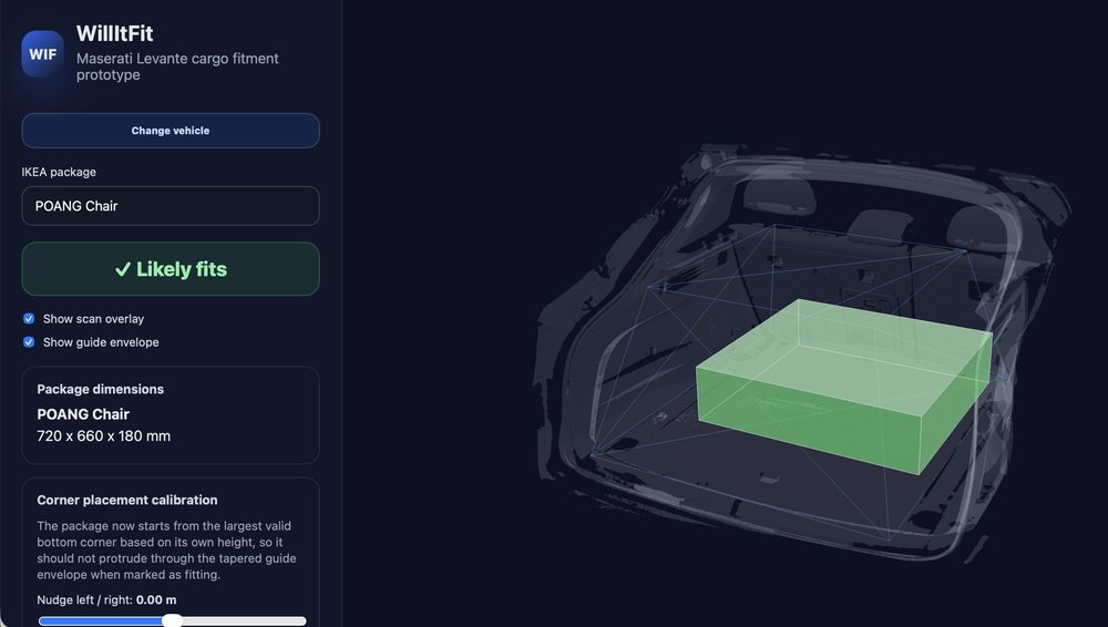 The Willitfit prototype: a chair package shown as a green box inside a scanned vehicle load space, marked as likely to fit, with the package dimensions alongside.